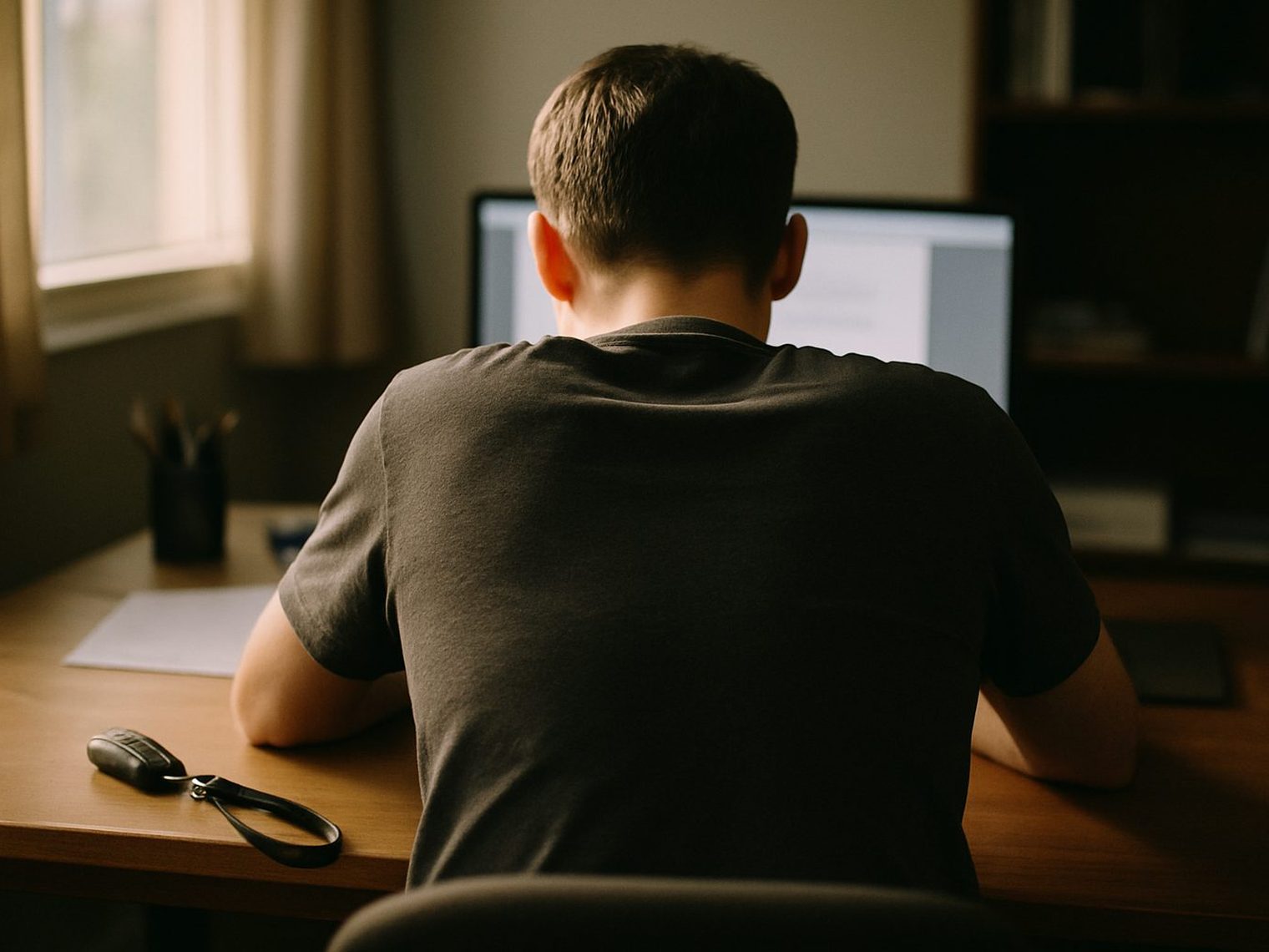 A person seen from behind at a home office desk, shoulders hunched toward a monitor, a car key fob and a lanyard on the desk in afternoon light