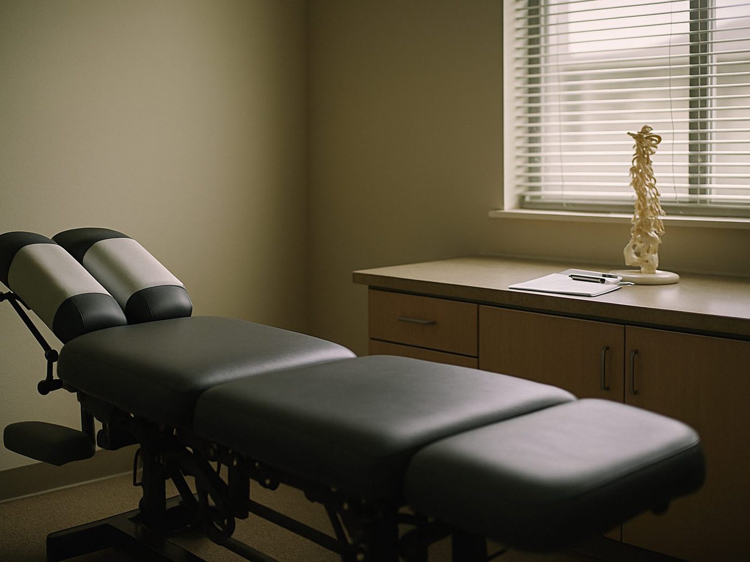 A quiet chiropractic exam room in mid-morning light: an adjustable exam table, a cervical spine model, and a clipboard with a pen on the counter