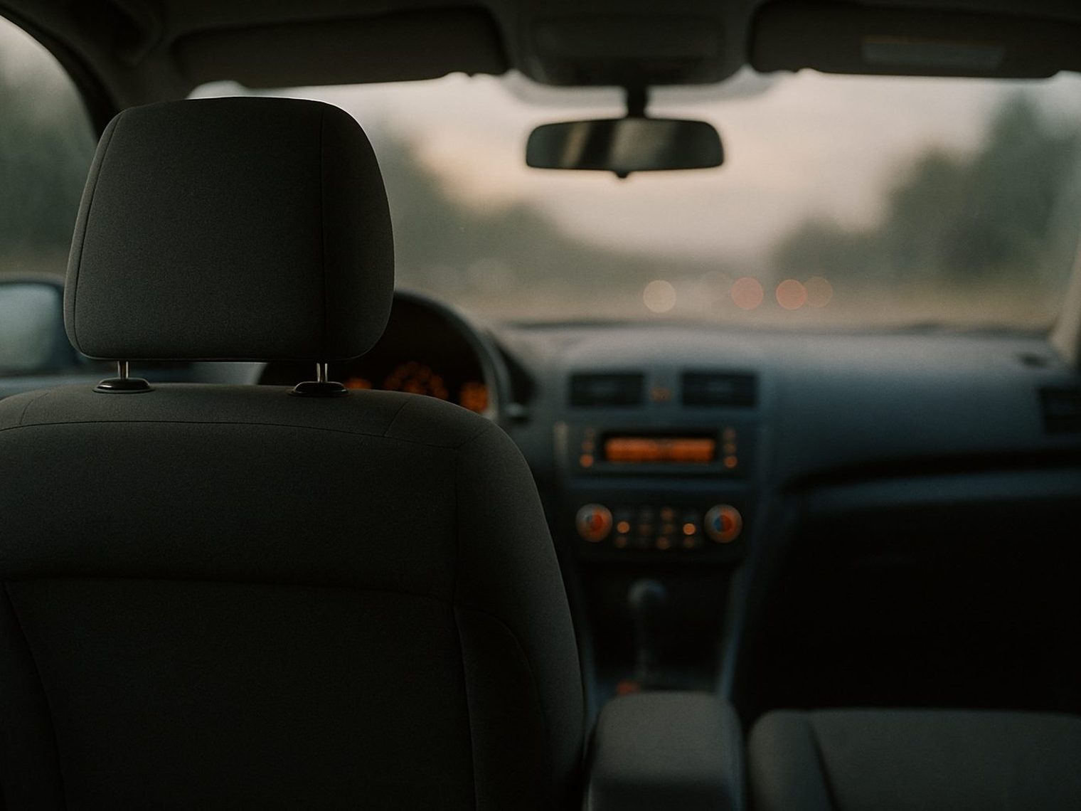 The inside of a parked sedan seen from the rear seat: the driver's headrest and seat back, a seat belt buckle, the dashboard glowing in evening light