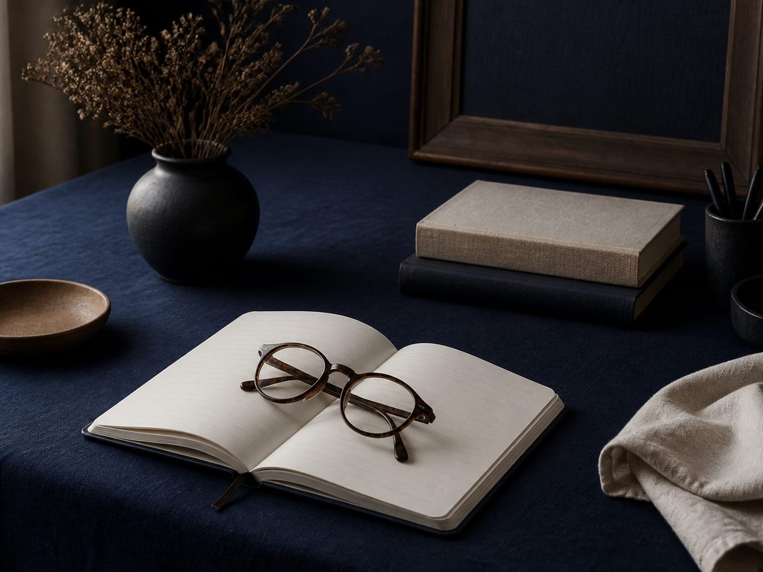 An open ruled journal with reading glasses resting on it, on a navy cloth desk beside a stack of books