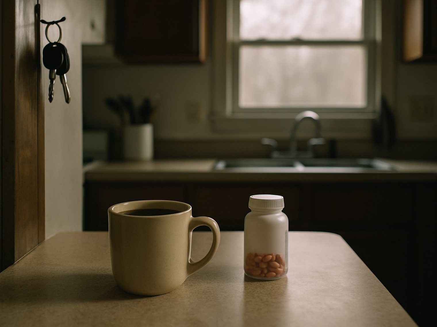 A small kitchen at seven in the morning with a mug of coffee and a bottle of ibuprofen on the counter, car keys on a hook, gray overcast light over the sink