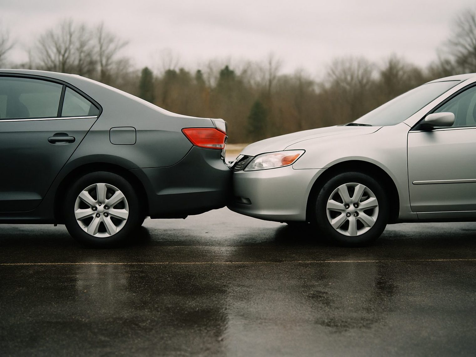 Two gray sedans nose to tail after a minor bump in a wet, empty parking lot, bare trees and an overcast sky behind them